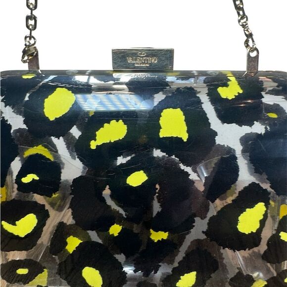VALENTINO GARAVANI Black Yellow Leopard Print Acrylic Framed Clutch Chainlink - Picture 2 of 15
